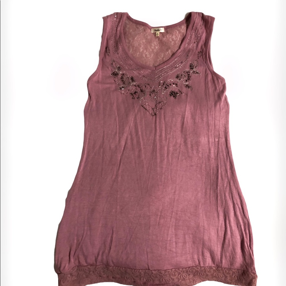 NWOT Studio Y Beautiful Dusty Rose Beaded & Lace Top SZ Small